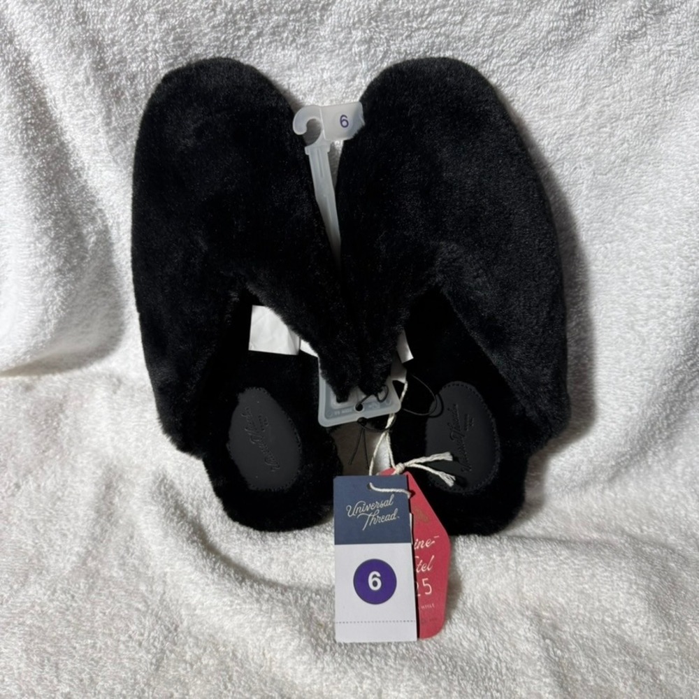 Universal Thread Womens Black Faux Fur Mule Slippers Pointed Toe House Shoes 6